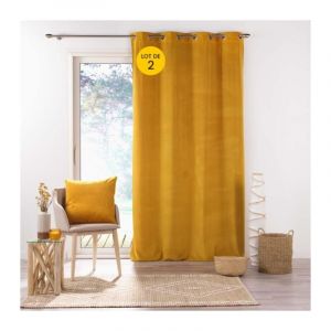 Image de Lot de 2 Rideaux tamisant à oeillets 140 x 260 cm velours relief Velouriane Jaune