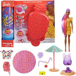 Image de Mattel Color Reveal avec Mousse parfumée, poupée et animal avec 25 éléments mystère dont 19 sachets surprise, Thème Fraise, jouet po