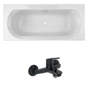 Jacob Delafon Pack baignoire droite 170 x 75 Elise + mitigeur bain douche noir mat + vidage