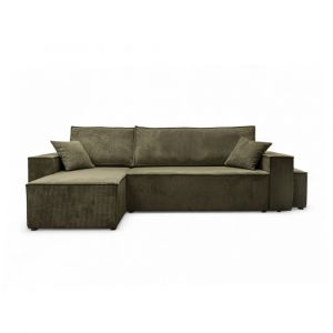 Loungitude Canapé d'angle convertible avec un pouf en velours côtelé - Vert kaki