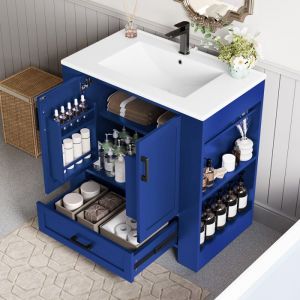 Meuble de salle de bain sur pied 76x46x78.5 cm - Vasque int&eacute;gr&eacute; - 2 portes et 1 tiroir - Bleu(robinet non inclus)