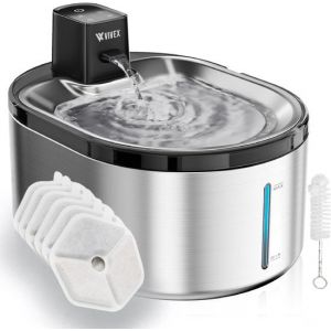 Vivex Wireless Drinking Fountain - acier inoxydable - 4,5 litres - Fontaine &agrave; eau pour chats et chiens - avec capteur et batterie - 6 filtres et nettoyage inclus - silencieux