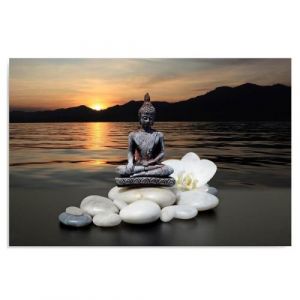 Tableau Décoration Murale Bouddha 120x80 cm Impression sur Toile XXL Eau galets orchidée couc r de soleil montagnes Mer Zen SPA