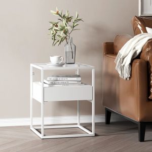 Table d'appoint Vissenbjerg acier laqué verre trempé 51 x 40 x 40 cm blanc mat [en.casa]