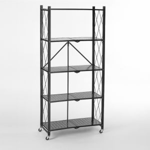 Bibliothèque Métallique Pliable 5 niveaux à Roulettes - Noir  Rangement pratique 71,5 x 30,5 x H 163 cm