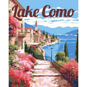 Figured'Art Peinture par Numéro Adulte avec Cadre Affiche de voyage lac de Côme en fleurs - Activité Manuelle Kit de Loisir Créatif DIY Numéro d'Art Complet - 40x50cm toile tendue sur châssis