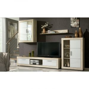 Ensemble de salon meuble TV + 1 etagere murale + vitrine murale avec LED + Buffet coloris chene cambrian, blanc -PEGANE-