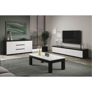 DEYTON - Ensemble Salon Laqué Noir et Blanc Meuble TV 4 Portes + Table Basse 127cm + Buffet - Altobuy