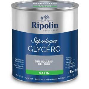 Ripolin Peinture Laque Glycéro Intérieure/Extérieure - Boiseries et Structures Métalliques - Résistance Accrue - Durabilité Remarquable - Gris Bouleau Ral 7040 - Satin - 0,5L