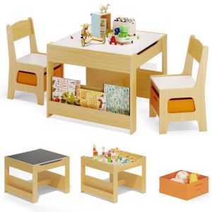 Table Enfant avec 2 Chaises 61.5 x 61.5 cm Bealife Inclus 2 Sacs de Rangement en Tissu pour Apprendre Jouer Dessiner Gris