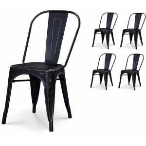 Kosmi Lot de 4 chaises en m&eacute;tal noir mat style industriel - Effet vieillit