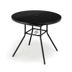 Table De Jardin Ronde 86 X 71 Cm Avec Trou Pour Parasol &Eacute;conomique Moderne En M&eacute;tal Noir Helloshop26 20_0013996