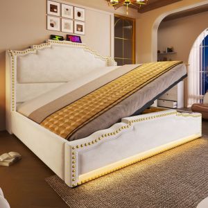 Lit coffre adulte 180x200 cm avec coffre hydraulique, LED, T&ecirc;te de lit pliante avec rangement, prises USB/Type-C, velours beige