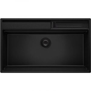 Primagran - Evier Cuisine en Granit Tout Noir 88x53cm, Lavabo 1 bac + Kit de Vidage, Évier à Encastrerau meuble 90cm - Oslo Pocket de