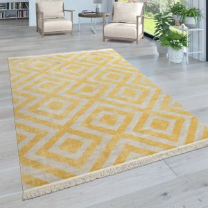 Image de Paco Home - Tapis Intérieur & Extérieur Tissé à Plat Motif Losanges Moderne Pour Terrasse Et Balcon 160 cm rond, Jaune-Blanc