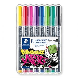 Staedtler Lumocolor Permanent, Feutres permanents multi-surfaces à pointe moyenne, Encre résistante à l'eau et aux UV, Étui chevalet avec 8 couleurs assorties, 317 WP8-1