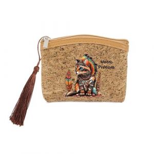 Porte monnaie et porte cles liege Taperso avec motif chat style boho et plume personnalisable