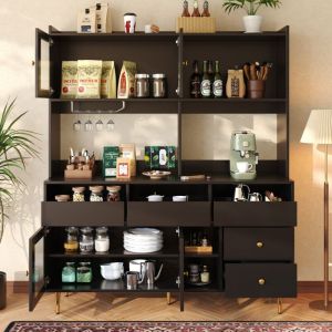 Buffet cuisine salon, 4 portes verre + 5 pieds métal – Meuble mdf, Armoire haute de salon,145x39x171cm, noir