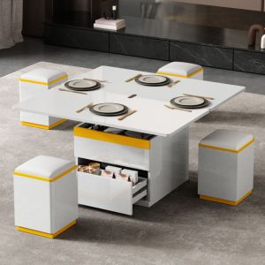 Table basse 100x50x43cm relevable et extensible avec rangement et 4 tabourets MDF Blanc et jaune