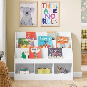 Sobuy Bibliothèque Enfant Meuble Rangement Jouet Enfant avec 3 Compartiments Petite Bibliotheque Livre 3 Niveaux Etagere Chambre Blanc 100x30x80cm KMB118-W