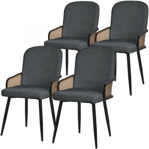 ML-Design Lot de 4 Chaises de Salle à Manger en Tissu Anthracite, Accoudoirs en Rotin et Pieds en Métal Noir, Assise Rembourrée Confortable,