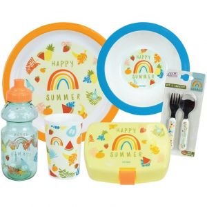Jemini Set vaisselle verre, assiette creuse, assiette plate, gourde, boite gouter et 2 couverts enfant Fruity'S