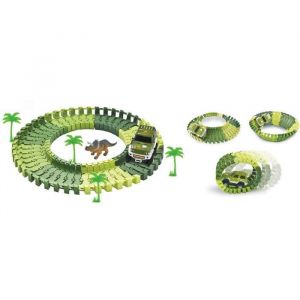 Image de PIFUN Circuit flexible Dinosaures 48 rails + 1 voiture + 4 palmiers + 1 dinosaure + stickers