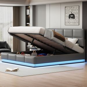 Lit coffre lit adulte capitonné double hydraulique 180 x 200 cm avec led et sommier à lattes. simili cuir. gris clair, sans matelas