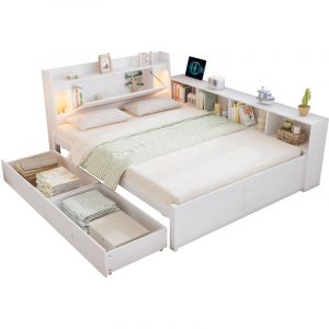Lit double, tête de lit avec rangement + 2 lampes,avec prise de charge,rangements latéraux et tiroirs, blanc,140x200 cm