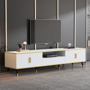 Meuble TV 200 cm, meuble TV bas moderne avec tiroirs et 1 passe-câbles, aspect marbre, blanc