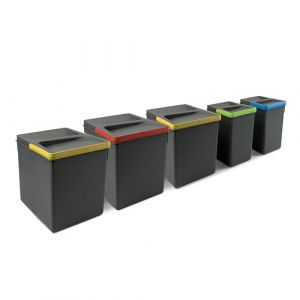 Emuca Poubelles pour tiroir de cuisine Recycle avec couvercle anti-odeurs, Hauteur 266, 3x15litres, 2x7litres, Plastique gris antracite