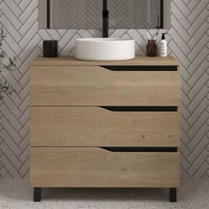 Cosyneo - Meuble de salle de bain 90cm avec plateau et vasque &agrave; poser - 3 tiroirs - sans miroir - madera miel (ch&ecirc;ne clair) - mata