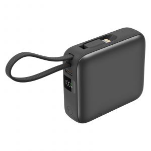Akashi Batterie de Secours avec c&acirc;bles USB-C et Lightning int&eacute;gr&eacute;s - 10 000 mAh (Noir)