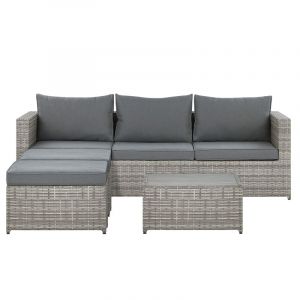 Image de Beliani Salon de jardin 5 places en polyrotin taupe / coussins gris