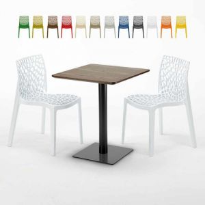 Image de Grand Soleil Table carrée 60x60 pied noir et surface bois avec 2 chaises colorées Gruvyer Kiss, Couleur: Blanc