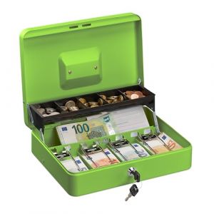 Relaxdays Caisse à monnaie, verrouillable, compartiments pour pièces et billets, fer, HLP 8,5 x 30,5 x 24,5 cm, vert