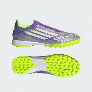 Adidas Mixte F50 League Laceless Turf Football Boots Chaussures, Purple Rush/Cloud White/Lucid Lemon, 42 2/3 EU