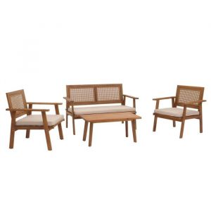 Décoshop26 Salon de jardin avec table banc et 2 chaises en bois d'acacia avec coussin crème 040008324