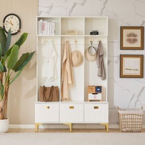 Modernluxe - Vestiaire d'entr&eacute;e moderne - avec porte-manteau et rangements &agrave; chaussures - Blanc