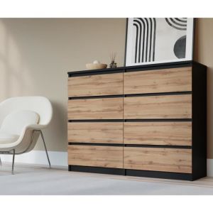 Commode Avec 8 Tiroirs, Noir / Chêne Wotan, 120 X 101 X 39 Cm
