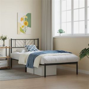 VidaXL Cadre de Lit avec Tête de Lit, Lit de Simple avec Sommier à Lattes, Lit Adulte avec Rangement Chambre, Moderne, Noir 80x200 cm Métal