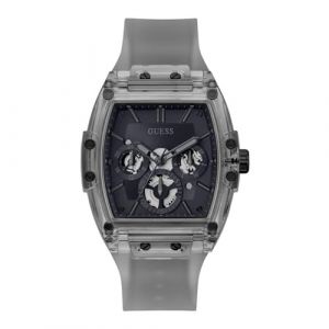 Guess Montre Homme Tendance Casual Tonneau Diamant 43mm - Cadran Noir Boîtier & Bracelet Acier Inoxydable, Gris, Sangle