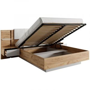 Lit coffre avec chevets 160 x 200 cm - Avec LEDs - Coloris : Naturel et blanc - ELYNIA