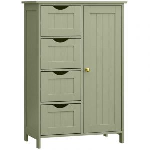 Meuble de salle de bain sur pied meuble de rangement avec 4 tiroirs 30 x 55 x 82 cm porte simple &eacute;tag&egrave;re r&eacute;glable pour salon cuisine et couloir vert
