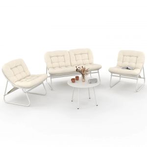 Idmarket Salon de jardin ARONA bas 4 places en m&eacute;tal blanc et coussins beige avec canap&eacute;, fauteuils et table