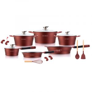 Royalty Line Batterie de cuisson complète effet marbre - 17 pièces - Tous feux - Rouge bordeaux
