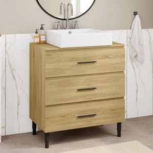 Idmarket Meuble sous vasque 80 cm salle de bain 3 tiroirs fa&ccedil;on h&ecirc;tre et noir avec pieds t&eacute;lescopiques