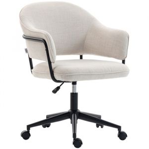 Homcom Chaise de bureau - hauteur r&eacute;glable, pivotant 360&deg; - tissu aspect lin - 63 x 65 x 83-92 cm - cr&egrave;me