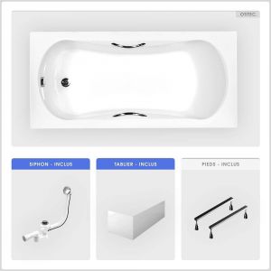 Baignoire rectangulaire - 160 x 70 cm - avec Tablier Blanc - Pieds - Poignées - Vidage Chrome - ARIA PLUS