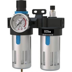 Güde Unité d'entretien 1/4" (filetage de raccordement IG 1/4", pression de travail maximale 10 bar, montage sur un compresseur, réglage de la pression de travail, nettoie, filtre et lubrifie l'air